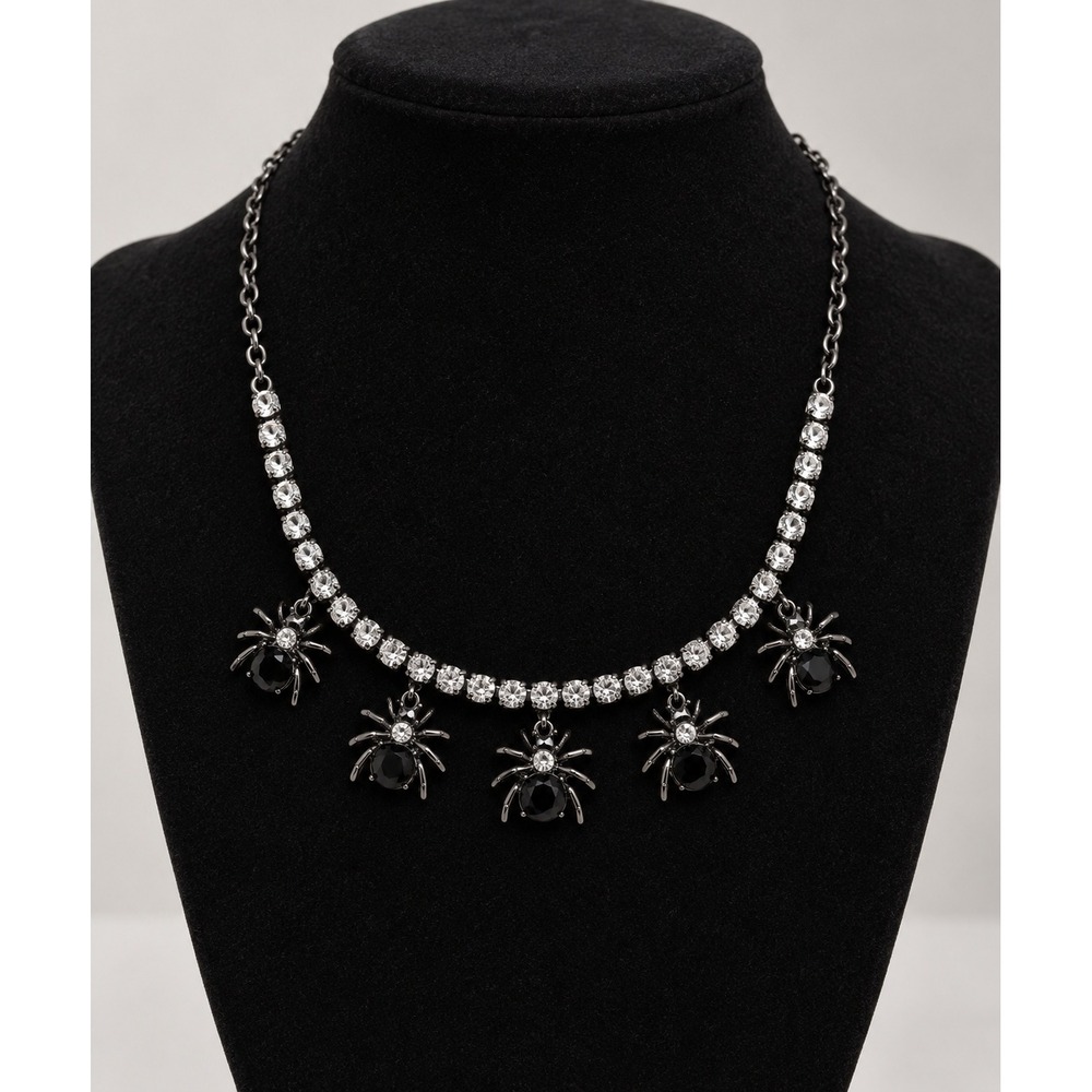 Gunmetal Spider Charm Rhinestone Tennis Necklace Black Crystal Goth Halloween